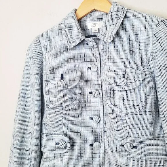 LOFT Ann Taylor Light Blue Tweed 100% Cotton Blazer Jacket 4 Preppy Office Boho - Picture 6 of 15
